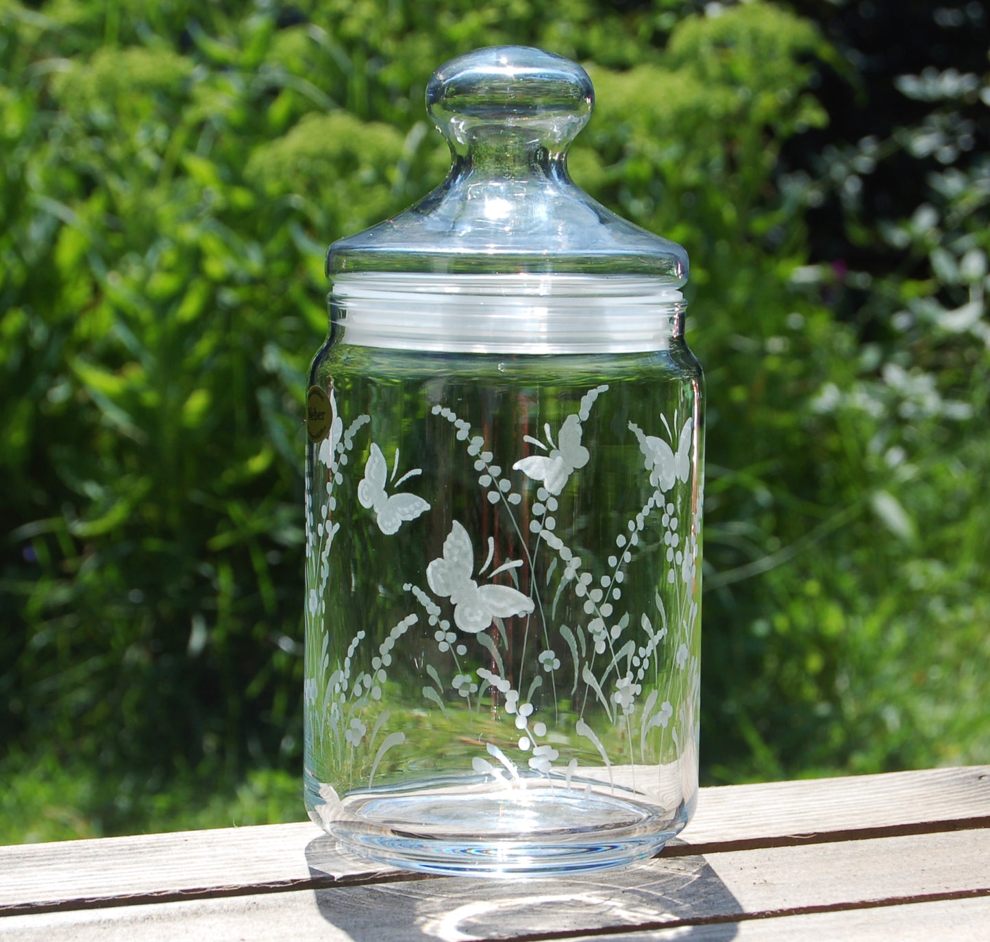 1x Vorratsglas | Gravur Schmetterlinge und Blumen | Handmade | handgraviert - Glasschleiferei Weber