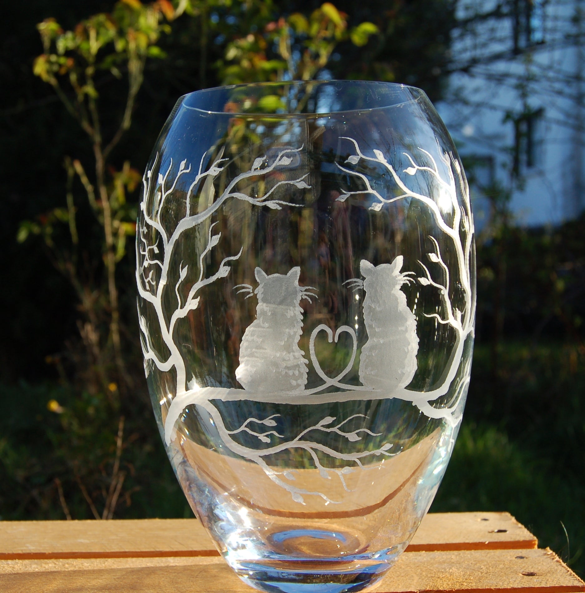1x Vase | Gravur Katzen Höhe: 18 cm | Handmade