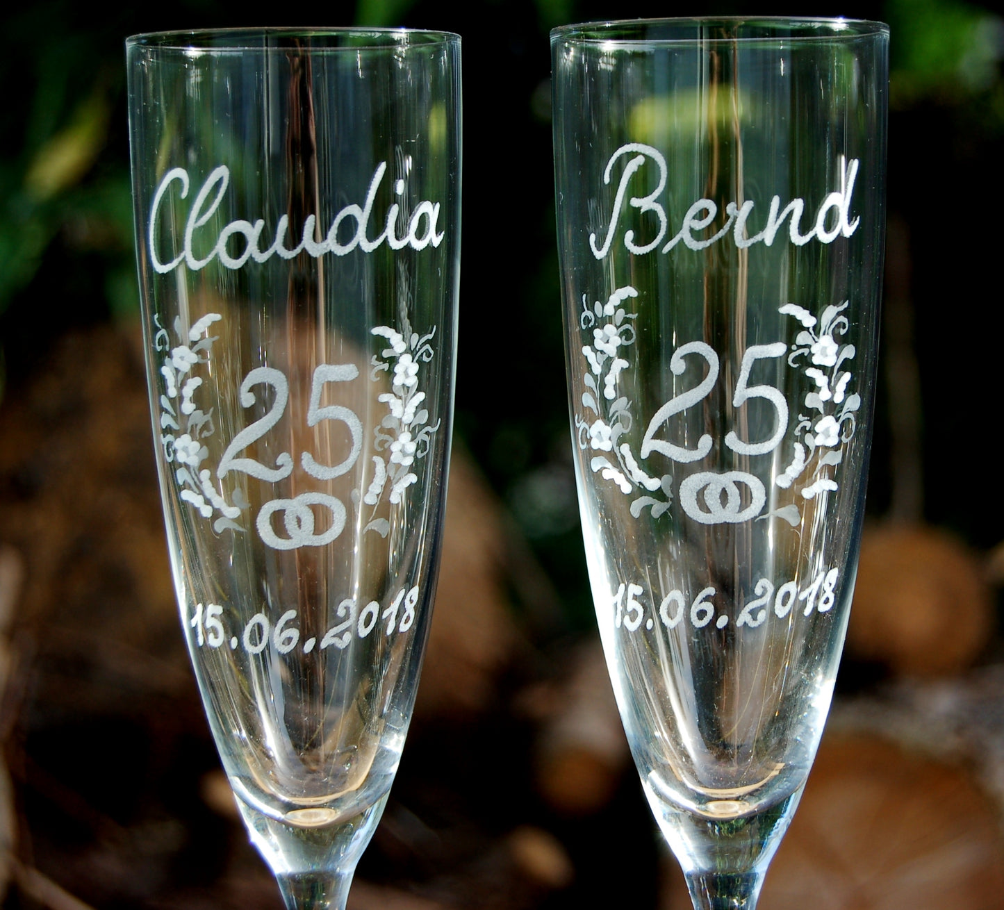 2x Sektglas | Gravur Silberhochzeit | Handmade | Handgraviert - Glasschleiferei Weber
