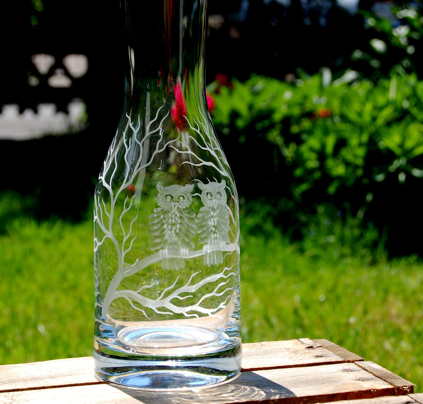 1x Karaffe | Gravur Eule | Handmade | Handgraviert - Glasschleiferei Weber
