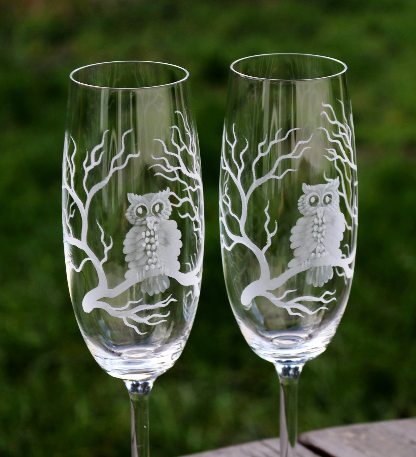 2x Sektglas | Gravur Eule | Handmade | Handgraviert - Glasschleiferei Weber