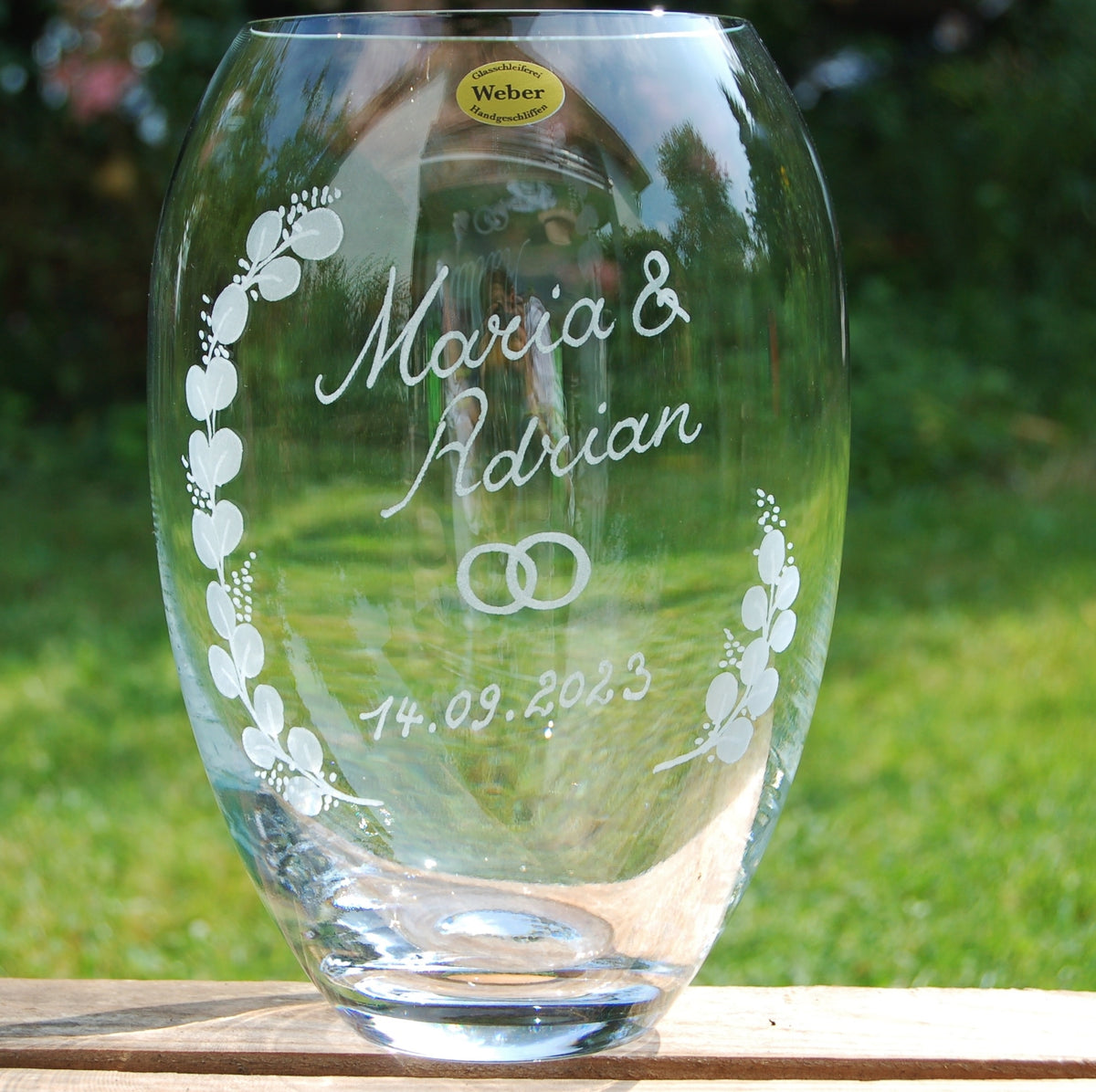 Vase | Gravur Hochzeit Eukalyptusranken H: 22,5 cm | Handmade