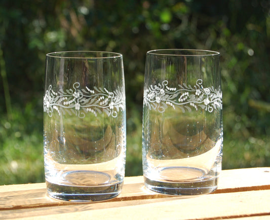 1x Trinkglas | Gravur Blumendekor | Handmade | Handgraviert - Glasschleiferei Weber